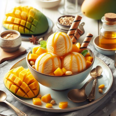 Mango Ice Cream Recipe Homemade Mango Ice Cream, Mango Ice Cream Recipe, Ice Cream Photography, Mango Ice Cream, Mango Puree, Front Hair, Refreshing Desserts, Ice Cream Recipe, Soft Serve