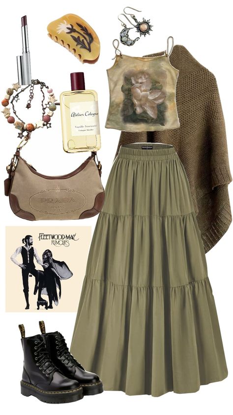 Boho earthy outfit inspo #ootd #outfit #outfitinspo #bohemian #boho #fleetwoodmac #stevienicks #green #earthy #aesthetic Infp Clothes Aesthetic, Boho Green Outfit, Long Skirt Outfits Earthy, Layered Earthy Outfits, Botanical Aesthetic Outfit, Woodland Outfit Women, Earth Angel Outfits, Earthy Clothing Aesthetic, Neutral Earthy Tones Outfits