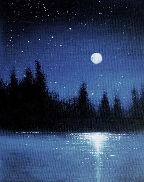 Moon Painting Acrylic Aesthetic, Night Sky Reflection On Water, Night Water Painting, Moon On Water Painting, Sky And Water Painting, Moonlight On Water Painting, Moonlight Scenery Drawing, Moonlit Night Painting, Water At Night Painting