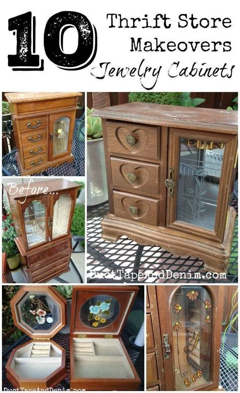 Top 10 Jewelry cabinet and box makeovers on http://DuctTapeAndDenim.com - All pieces I found at thrift stores and garage sales! Refinished Jewelry Boxes, Repurposed Items Upcycling, Parent Bedroom, Upcycle Boxes, Diy Jewelry Cabinet, Thrift Store Diy Projects, Box Makeover, Thrift Store Upcycle, Thrift Store Makeover