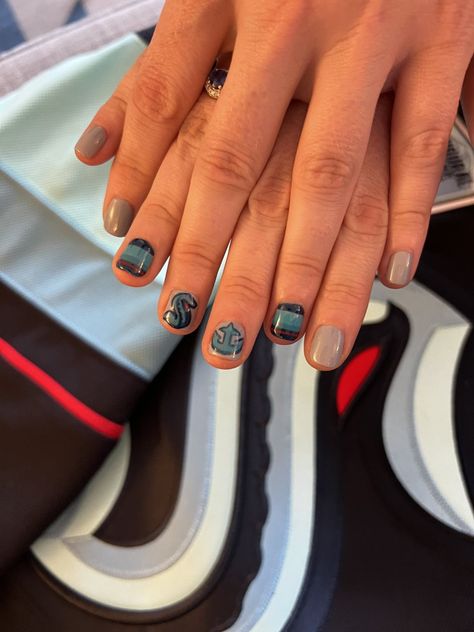 #seattlekraken #krakennailart #nhlnailart #seattlehockey #tacomawa #hockeynailart Hockey Nails Designs Art, Seattle Kraken Nails, Seattle Kraken Tattoo, Seahawk Nails Design Seattle, Hockey Nails, Nail Health, Jelly Nails, Kraken, Natural Nails