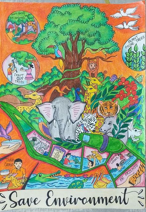 Poster On Save Environment, Save Environment Poster Drawing, Nature Drawing Pictures, Save Environment Posters, Go Green Posters, Save Earth Drawing, Save Water Poster Drawing, Earth Day Drawing, Art Competition Ideas