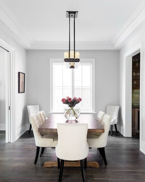 Modern Dining Room Light, Grey Walls White Trim, Dark Wood Floors Living Room, Modern Dining Room Lighting, Dining Room Layout, Window Seat Kitchen, Grey Walls Living Room, Dining Room Light, Grey Dining Room