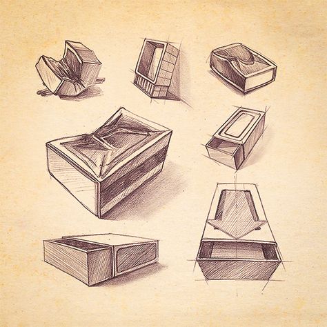 Matchbox Sketch Matchbox Sketch, Matchbox Drawing, Ems Tattoos, Perspective Sketch, Matchbox Art, Object Drawing, Perspective Art, Industrial Design Sketch, Still Life Drawing