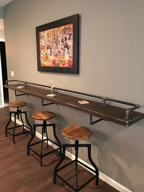 Industrial Black Pipe Drink Rail With Shelf Support Brackets "DIY" parts kit by PipeLineDesignStudio on Etsy Unfinished Basements, Drink Rail, Basement Ceilings, Basement Bars, Pool Table Room, Theater Rooms, Bar In Casa, Theater Design, Basement Finishing