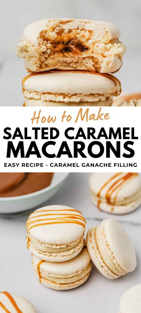 Learn to make Salted Caramel Macarons with our easy recipe. Experience the delight of a flowing heart of homemade salted butter caramel, encased in a whipped white chocolate ganache flavored with salted caramel. This recipe employs the Italian meringue method to ensure a smooth, shiny macaron shell every time. Follow our expert tips for these irresistible gourmet treats. Caramel Macaron Filling, Macarons Salted Caramel, Salted Caramel Macarons Recipe, Italian Meringue Macaron Recipes, Sourdough Macarons, Macroom Recipe, Macrons Recipes Flavors, Macaron Flavors Ideas, Chocolate Macaron Filling