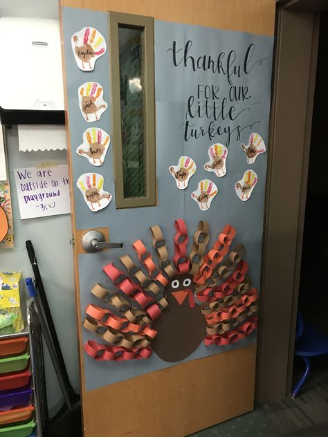 Thanksgiving Themed Classroom Door, November Daycare Door Ideas, Thanksgiving Toddler Door Ideas, Thanksgiving Door For Classroom, Turkey Classroom Decorations, November School Door Decorations, Thanksgiving Infant Door Ideas, Thanksgiving Door Preschool, Thanksgiving Doors For Classroom