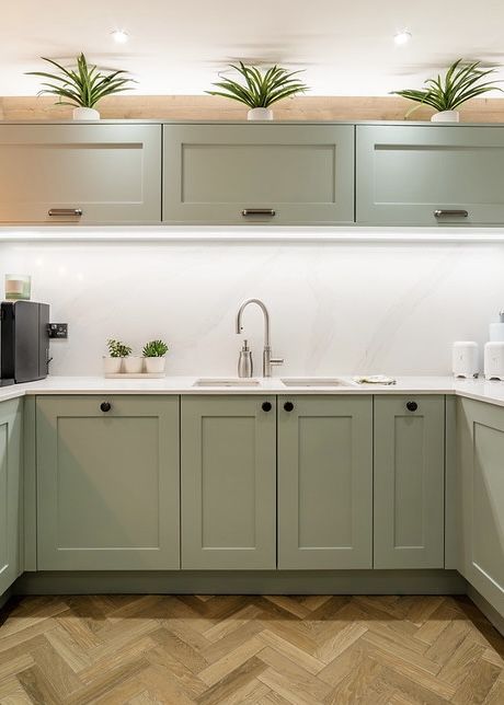 Nature Inspired Sage Green Kitchen Renovation Shaker Kitchen Black Handles, Sage Kitchen Black Handles, Sage Green Kitchen Black Handles, Green And Silver Kitchen, Modern Sage Green Kitchen, Small Uk Kitchen, Silver Hardware Kitchen, Sage Green Shaker Kitchen, Sage Green And White Kitchen