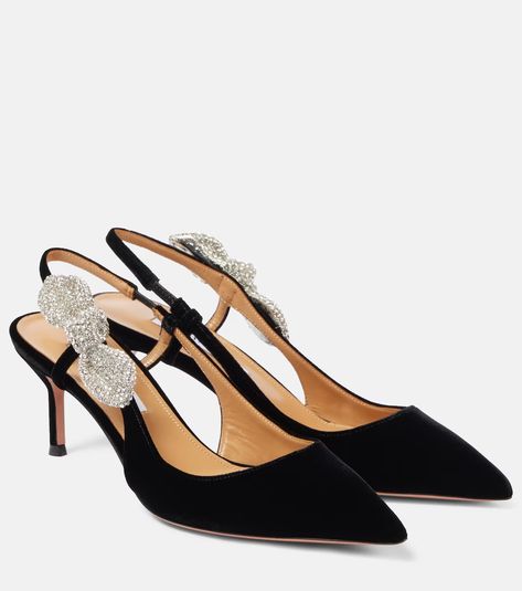 Very Bow Tie Crystal 65 slingback pumps in black - Aquazzura | Mytheresa Aquazzura Shoes, Velvet Pumps, Suede Clutch, Mid Heels Pumps, Mini Studs, Black Accessories, Evening Shoes, Slingback Pump, Mid Heel