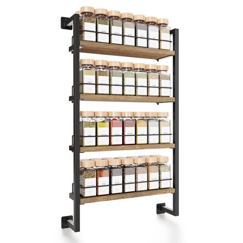 Wall Mounted Spice Rack Ideas, Rustic Spice Rack Ideas, Spice Rack On Wall, Wall Spice Rack Ideas, Spice Wall Rack, Cabinet Door Spice Rack, Door Mounted Spice Rack, Brown Shelves, Door Spice Rack