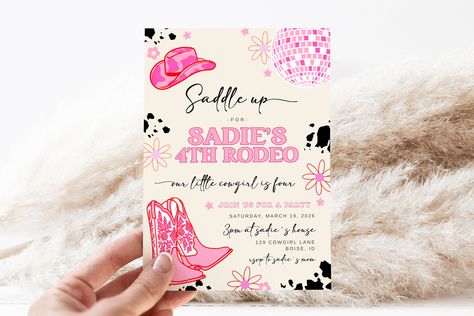 4th Birthday Theme, Disco Rodeo, 4th Birthday Invitation, Rodeo Birthday Parties, Rodeo Party, Girls Birthday Party Themes, Rodeo Birthday, Cowgirl Birthday Party, Bday Invitations