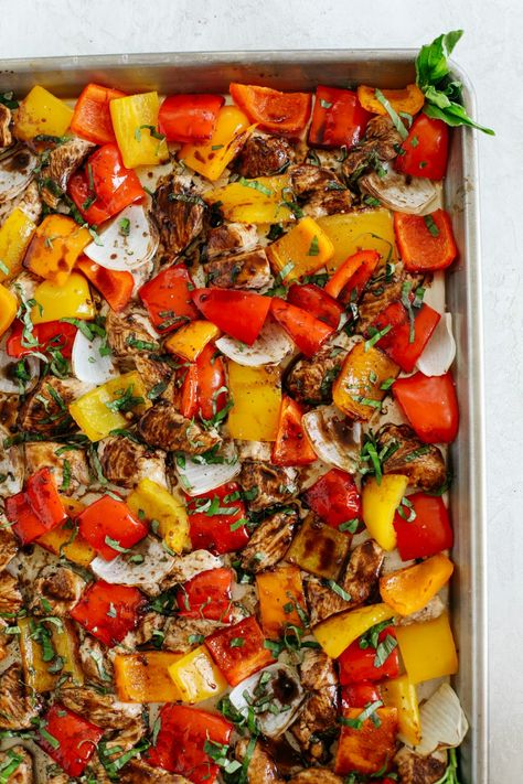 Sheet Pan Honey Balsamic Chicken and Veggies - Eat Yourself Skinny Sweet Pepper Chicken Recipes, Sheet Pansheet Pan Dinner, Healthy Frozen Chicken Recipes, One Sheet Healthy Meals, Chicken Weekly Meal Prep, Meat And Veggie Sheet Pan Meals, Macro Sheet Pan Meals, Caprese Sausage Recipes, Chicken Vegetable Sheet Pan Dinner