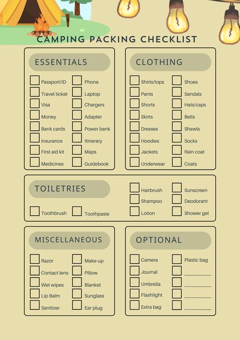 Packing list to send with invitation - can be modified for the needs of your specific party Emergency Binder Free Printables, Camping Pack List, Family Vacation Packing List, Pack For Camping, Camp Packing List, Camp Packing, Packing List Template, Travel Packing Essentials, Travel Packing Checklist