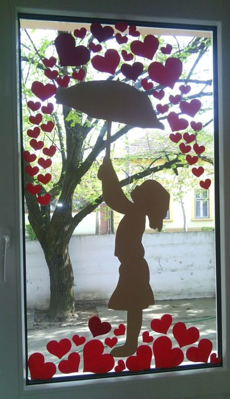 Valentines Day Window Silhouette Decoration Valentijnsdag Diy, Valentines Window Display, Valentine Door Decorations, Door Decorations Classroom, Diy Valentine, Classroom Valentine, Paper Heart, Window Art, Paper Hearts