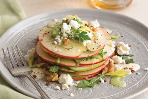 Deconstructed for an elegant update, Stacked Waldorf Salad with Creamy Apple-Cider Vinaigrette showcases narrow bands of color. Waldorf Salad Plating, Deconstructed Salad, Party Meals, Salad Presentation, Harvest Dinner, Celebration Dinner, Winter Foods, Cider Vinaigrette, 2023 Recipes