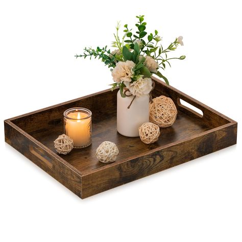 PRICES MAY VARY. INDUSTRIAL STYLE - The tray for ottoman coffee table is extracting the most classic and fashionable color in furniture - rustic brown, this tasteful industrial-style tray presents a unique and delicate charm, which will make a splash in your home whether you want match a sofa side table or couch. MORE DETAIL - Our large wooden trays for decor is a life-helper for family, the surface is smooth is very easy to clean and does not emit bad smell. Freature with 2 widened cutout handl Coffee Table Fall Decor, Table Tray Decor, Ottoman Living Room, Large Wooden Tray, Coffee Table Decor Tray, Coffee Table Ottoman, Table Ottoman, Serving Tray Decor, Retro Table