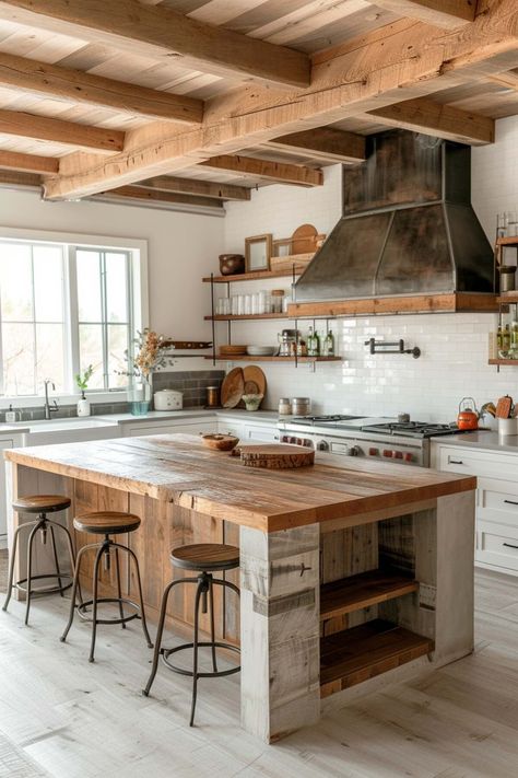 Rustic Farmhouse Kitchen Ideas, Rustic Country Kitchen Decor, Farmhouse Kitchen Inspiration, Gorgeous Farmhouse, Rustic Kitchen Island, Modern Kitchen Cabinet Design, Farmhouse Kitchen Ideas, Kitchen Island Decor, Rustic Modern Kitchen