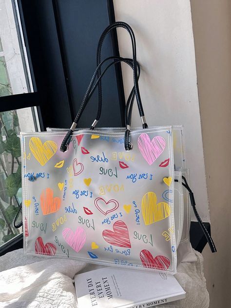 Multicolor Fashionable Collar  PVC Geometric,Heart,Letter Shoulder Tote Bag Embellished   Women Bags Heart Letter, Geometric Heart, Types Of Lettering, Tote Bag Pattern, Shoulder Tote Bag, Letter Patterns, Bird In Bag, Womens Tote, Shoulder Tote