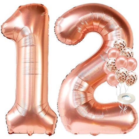 PRICES MAY VARY. 🎈LARGE SIZE - 40 | COMPLETE SET | AFFORDABLE – Looking for a Rose Gold Party Supplies for your little angel’s rose gold princess themed birthday party? This Balloon Number 12 Rose that comes with a giant Rose Gold Number 1 & 2 Balloons, pack of 5 Real Rose Gold Latex Balloons & pack of 5 Rose Gold Confetti Balloons will complete your balloons 12 year old girl decorations for 12th birthday decorations for girls or 12th anniversary with 12 rose gold balloons. order birthday 12 ba 12 Balloons, Gold Birthday Decorations, Rose Gold Princess, Happy 12th Birthday, 12 Birthday, Giant Roses, Princess Theme Birthday Party, 12th Anniversary, Gold Confetti Balloons