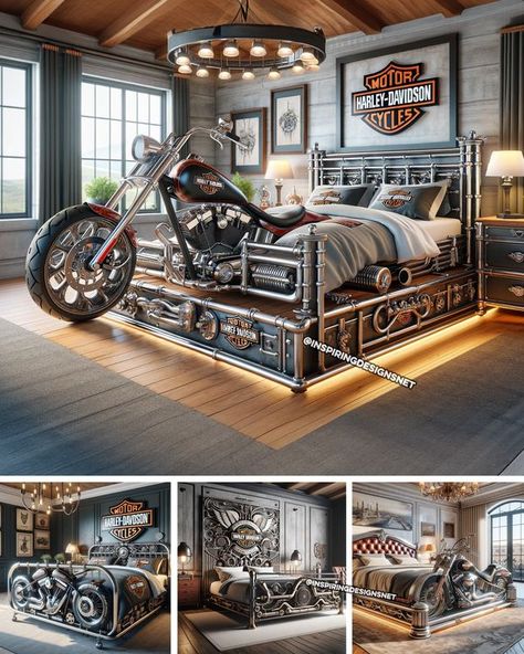 Biker Bedroom, Car Guy Room Ideas, Harley Davidson Bedroom Ideas, Harley Davidson Room Ideas, Triumph Motorcycles Bedding Bedroom Set, Guy Room Ideas, Motorcycle Bed Room, Weird Beds, Father Tattoos