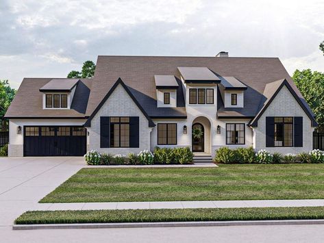 050H-0479: Two-Story European House Plan White Brick Houses With Shaker Off Set, Modern Cottage House Plans, Advanced House Plans, Modern Cottage Style, Home Wet Bar, Dark Trim, Built In Dresser, Shed Dormer, Cottage Style House Plans