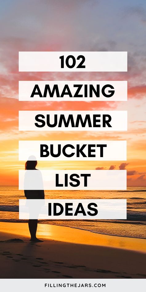 Text 102 amazing summer bucket list ideas on white stripes over woman standing on beach watching summer sunrise. Summer Vision Board Ideas, Personal Goals Ideas, Summer Bucket List 2024 With Points, Summer Goals List, Summer Bucket List Ideas 2024 For Teens, Summer Bucket List 2024, Summer Bucket List 2024 Teenagers, Adult Summer Bucket List 2024, Boring Summer