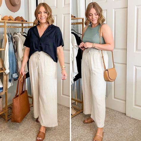 Linen Pants Outfit Professional, Styling Cream Linen Pants, Linen Tapered Pants Outfit, Curvy Linen Pants Outfit, Linen Paper Bag Pants, Summer Work Clothes Business Casual, Lenin Pants Outfit Summer, Dressy Linen Pants Outfit, Linen Pant Work Outfit