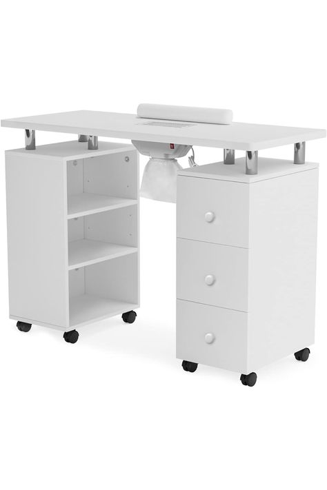 OmySalon Manicure Table Nail Desk for Nail Tech, Nail Table Beauty Salon Tech Station w/Electric Downdraft Vent, Lockable Wheels,Wrist Cushion,Storage Shelves &amp; Drawers Nail Tech Station, Nail Tech Station At Home, Wood Makeup Organizer, Downdraft Vent, Nails Vintage, Nail Desk, Nail Table, Manicure Table, Dust Collector