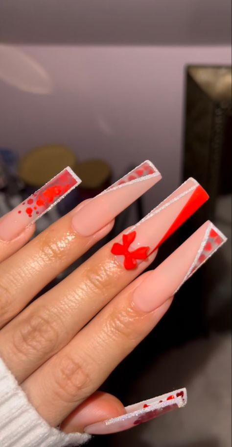 February March Nails, Mat Red Nails, Baddie Nails White, Red Baddie Nails Acrylic, Fancy Red Nails, Baddie Simple Nails, Cute Red Nail Ideas, White Bling Acrylic Nails, Baddie Almond Nails