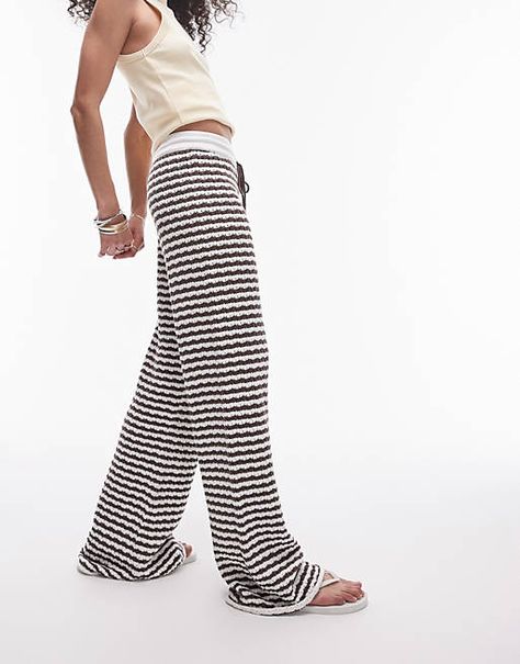 Topshop knit striped pants in brown and white | ASOS Form Outfits, Joni Jeans, Sixth Form, Chill Outfits, Skirt Co Ord, Printed Trousers, Maxi Dress Trend, Black Wrap Dress, Petite Maternity