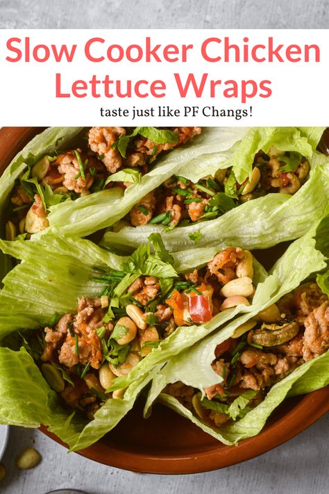 Easy crockpot Chicken Lettuce Wraps made with ground chicken, mushrooms, and an amazing hoisin based sauce. Taste exactly like the restaurant version. #dinner #freezerfriendly #kidfriendly #makeahead Thai Chicken Lettuce Wraps, Lettuce Wraps Healthy, Asian Chicken Lettuce Wraps, Asian Lettuce Wraps, Turkey Lettuce Wraps, Chicken Mushrooms, Slender Kitchen, Easy Crockpot Chicken, Lettuce Wrap Recipes