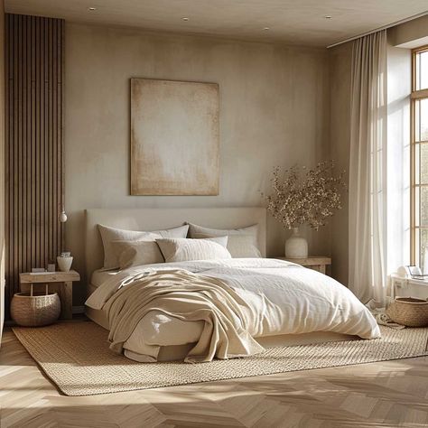 Beige Wall Home Decor, Natural Colored Bedroom, Minimalist Bedroom Neutral Colors, Limewash Room Ideas, Beige Colour Bedroom, Cozy Wall Colors, Limewash Walls Bedroom, Modern Warm Bedroom, White Bedroom Ideas Cozy