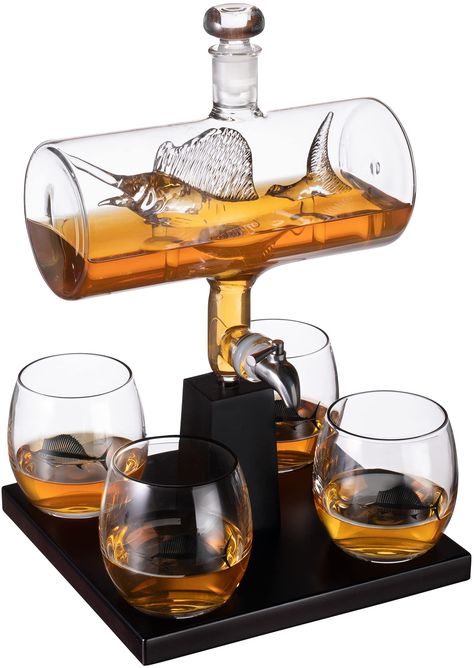 PRICES MAY VARY. SAIL FISH WHISKEY DECANTER SET - Store spirits with sophistication & class as you pay homage to the thrill of fishing and the nautical lifestyle. Includes four glasses and a mahogany base for impressive mounting and display. Perfect for the captain's quarters. CALLING ALL MEN OF THE REEL - Our stunning whiskey decanter makes a unique gift for any guy who loves fishing or enjoys time out on the open water. Cast your line and reel in the good times. Make a splash in the evenings w Sail Fish, Captain's Quarters, Wine Decanter Set, Glass Decanter Set, Whisky Decanter, Liquor Dispenser, Liquor Glasses, Whiskey Decanter Set, Liquor Decanter