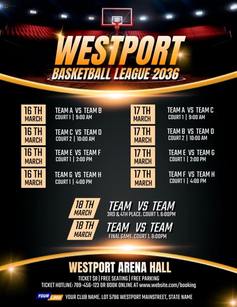 Please like & share, click to edit online & enjoy free download :-) Basketball Schedule Template, Bridal Show Booths, Church Marketing, Grad Shoot, Basketball Schedule, Youtube Banner Design, Interactive Display, Basketball Tournament, Promotional Flyers