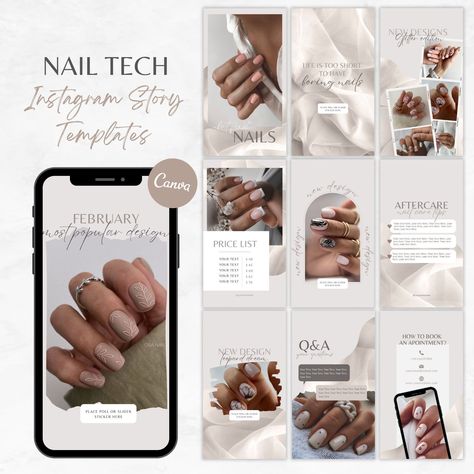 Check out our Beige Silk Nail Instagram Story Template to show off your latest nail designs. Perfect for Nail Techs, Nail Studios, and Nail Salons. #nailart #beigesilk #nailtechs #nailstudio #nailsalon Nail Business Profile Pictures, Marketing Nails Social Media, Nail Tech Promotion Ideas, Nail Salon Instagram Feed, Nail Tech Ideas, Nail Advertising Ideas, Nail Content Ideas, Nail Salon Social Media, Instagram Nail Page Ideas