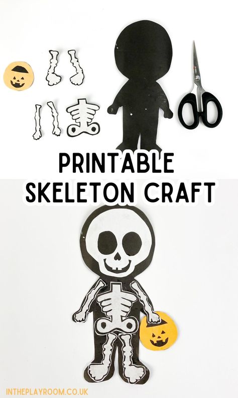 Easy Skeleton Craft With Free Printable Template - In The Playroom Easy Halloween Craft 2nd Grade, Skeleton Activities For Toddlers, Skeleton Crafts For Toddlers, Preschool Skeleton Craft, Free Skeleton Printables, Free Halloween Printables Free Templates, Skeleton Craft Preschool, Free Halloween Printables For Kids, Skeleton Preschool