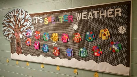 My newest bulletin board "It's Sweater Weather". Sweater Weather Kids, Sweater Weather Bulletin Board Ideas, Winter Scene Bulletin Board Ideas, January Kindergarten Bulletin Board, Ugly Christmas Sweater Bulletin Board, Winter Bulletin Board Kindergarten, Bulletin Board Ideas December, Hot Cocoa Bulletin Board Ideas For Kids, Winter Tree Bulletin Board