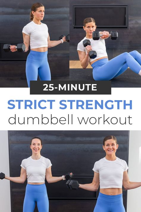 Build strength, definition and muscle tone in the upper body with this dumbbell workout routine: the 7 best dumbbell arm exercises. We love this strict-set format for pushing each muscle group to fatigue, resulting in muscle growth. This is a complete upper body workout, targeting the biceps, triceps, back, chest and shoulders in under 30 minutes. Strength Training Videos, Dumbbell Workout Routine, Strength Building Workouts, Pregnancy Workout Videos, Dumbbell Arm Workout, Arm Exercises, Core Workouts, Women Working, 30 Minute Workout