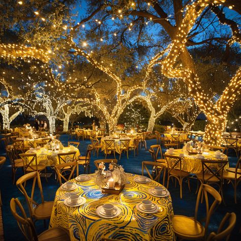 Starry Night Summer Soiree: A Van Gogh-Inspired Gala – A Sparkly Life for Me Starry Night Party Theme, Hoco Themes, Mehendi Decoration, Starry Night Prom, Enchanted Forest Decorations, Cocktail Decor, Unique Event Decor, Gala Fundraiser, Watercolor Party