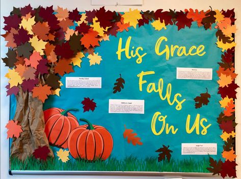 Fall Builtin Boards, His Grace Falls On Us Bulletin Board, Fall Faith Bulletin Boards, Fall Bulletin Boards Christian School, Christian Halloween Bulletin Boards, Thanksgiving Billboard Ideas For School, Christian Bulletin Board Ideas For Fall, Fall For Jesus Bulletin Board, Fall Decor School Hallway