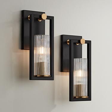 Stiffel Ramos 11 1/2" High Black and Brass Wall Sconces Set of 2 Black Bathroom Sconces, Black Sconces, Sconces Living Room, Modern Bathroom Lighting, Glass Wall Lights, Bathroom Sconces, Industrial Modern, Ribbed Glass, Modern Wall Sconces