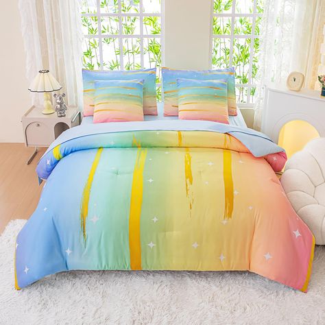 PRICES MAY VARY. Unique Design：Our rainbow comforter full size has a gradient rainbow color base, with dashes of gold accents, and sparkling stars and galaxy elements. The full size bedding sets feature eye-catching designs. The dreamy pattern of the full comforter set for girls makes the bedroom look more cozy, creating a more comfortable sleeping environment and leading to sweet dreams. Super soft fabric： This comforter full size set is soft, comfortable and fluffy overall. The inside of the g Rainbow Bedding Comforter, Galaxy Elements, Galaxy Gradient, Kids Twin Bedding Sets, Girls Twin Bed, Girls Comforter Sets, Rainbow Comforter, Full Size Comforter Sets, Kids Comforter Sets