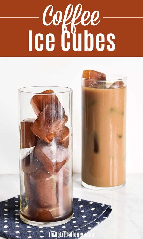 Love Iced Coffee? Then you need to try these Frozen Coffee Cubes! Learn how to make Coffee Ice Cubes with this simple recipe + basic ingredients: freshly Brewed Coffee (or Espresso, Cold Brew, Instant Coffee, etc.), ice cube tray, and sweetener or flavorings (optional). Use these Iced Coffee Cubes to turn hot coffee into Cold Coffee without diluting your drink. Great way to use Leftover Coffee! This recipe for freezing coffee is Vegetarian, Vegan, Gluten Free, Dairy Free. | Hello Little Home Coffee Ice Cubes Recipe, Leftover Coffee, Flavored Ice Cubes, Vietnamese Iced Coffee, Coffee Ice Cubes, How To Make Ice Coffee, Iced Coffee Drinks, Frozen Coffee, Easy Coffee Recipes