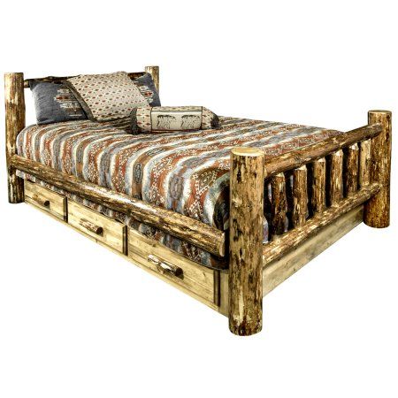 Rustic Platform Bed, Full Bed With Storage, Storage Bed Queen, Log Bed, King Storage Bed, Slatted Headboard, Style Bed, California King Bedding, Bed With Storage