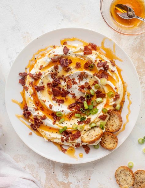 Goat Cheese Whipped Cream, Sweet Goat Cheese Recipes, Goat Cheese Bagel, Whipped Goat Cheese With Smoky Bacon Jam, Goat Cheese Lunch Ideas, Hot Honey Goat Cheese Dip, Hot Honey Charcuterie, Whipped Goat Cheese Appetizer, Hot Honey Appetizers