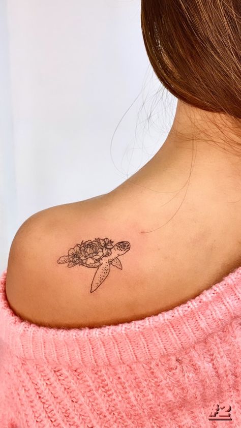 Behind The Ear Turtle Tattoo, Turtle Tattoo With Hawaiian Flower, Ankle Sea Turtle Tattoo, Wrist Ocean Tattoo, Sea Turtle Tattoo On Back, Unique Sea Turtle Tattoo, Medium Turtle Tattoo, Turtle Flower Shell Tattoo, Butterfly Turtle Tattoo