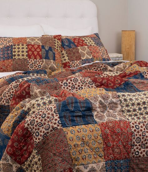 From the Uma Collection by Amity Home, this quilt features:This Bohemian patchwork quilt is made up of a kaleidoscope of Jaipuri block print-inspired patterns in a mix of fine cotton and lustrous rayon.Cotton-modal (rayon)Twin quilt approx. 70" x 90"Full/Queen quilt approx.  90" x 95" King quilt approx. 105" x 95" Machine wash cold, no bleach. gentle cycle; tumble dry low or flat or line dry; Granola Girl Home Decor, Patchwork Comforter, Patchwork Bedding, Squares Quilt, Quilt Blankets, Dream Dorm, Amity Home, Bohemian Quilt, Haus Am See