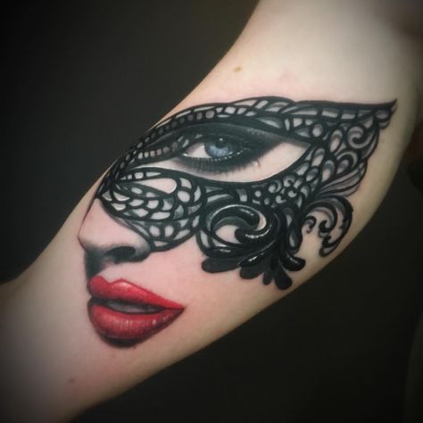 Venetian mask tattoo Lace Mask Tattoo, Masked Woman Tattoo, Masquerade Mask Tattoos For Women, Woman Mask Tattoo, Mask Tattoos For Women, Venetian Mask Tattoo, Masquerade Tattoo, Masquerade Mask Tattoo, Cuff Tattoo