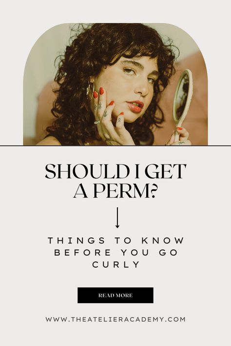 Should I get a Perm? Things to Know Before you Go Curly. Read More. Www.theatelieracademy.com. A brunette woman with curly hair, tattoos, and red lipstick looks into the camera while holding a mirror. Partial Perm Before And After, Permed Hair Before And After, Different Perm Curls Types Of, Modern Perm Medium Hair, Perm Maintenance, Loose Perm Long Hair, Perm For Fine Hair, Body Wave Perm Before And After, Loose Perm Before And After