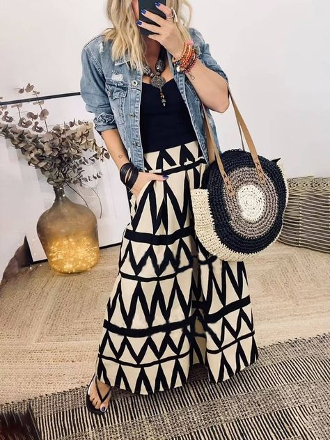 Triangle Printed Back Waist Elasticated Pocket Maxi Skirt Vacation Dresses Casual, Ikat Kepala, Bohemian Jewels, Smart Casual Style, Maxi Rok, Triangle Print, Pleated Maxi Skirt, Elegant Skirt, Pleated Maxi